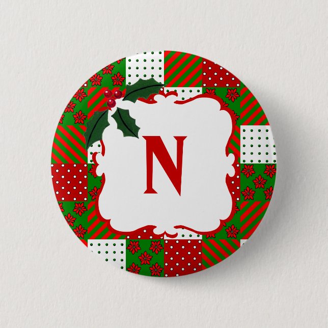 Monogrammed Christmas Quilt Patchwork Button (Front)