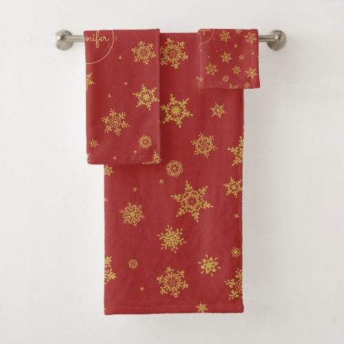 Monogrammed Christmas Red and Golden Snowflakes Bath Towel Set