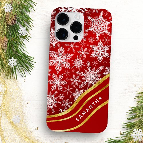 Monogrammed Christmas Red Gold White Snowflakes Case_Mate iPhone 14 Pro Max Case