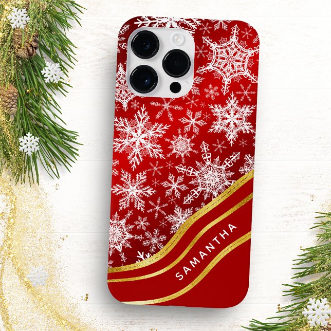 Monogrammed Christmas Red Gold White Snowflakes Case-Mate iPhone Case (Creator Uploaded)