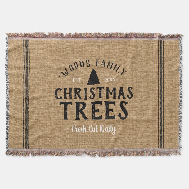 Monogrammed Christmas Tree Farm Grain Sack Throw Blanket (Front)