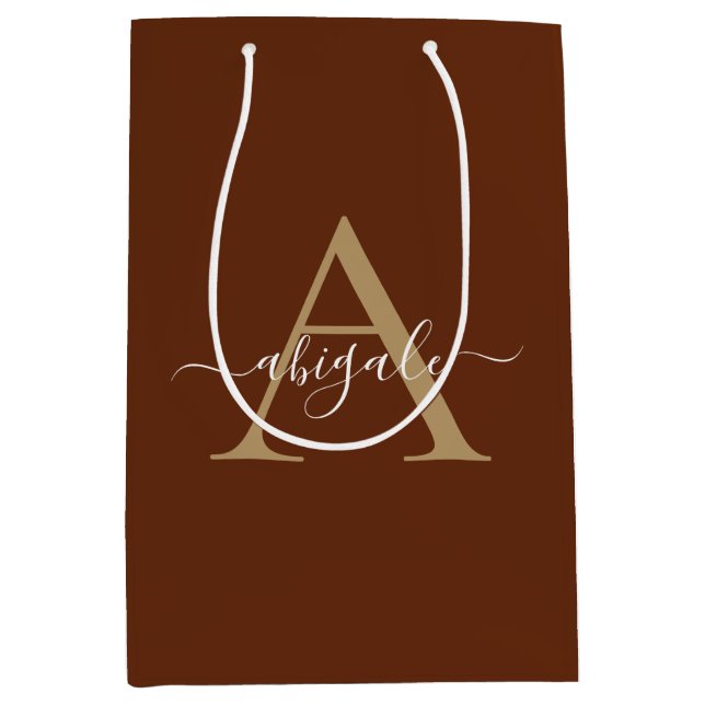 Monogrammed Cinnamon Brown Gold | Minimal Elegant Medium Gift Bag (Front)
