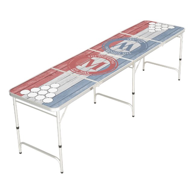 Monogrammed Circle Pyramid Red White Blue Wood Beer Pong Table (Angled)
