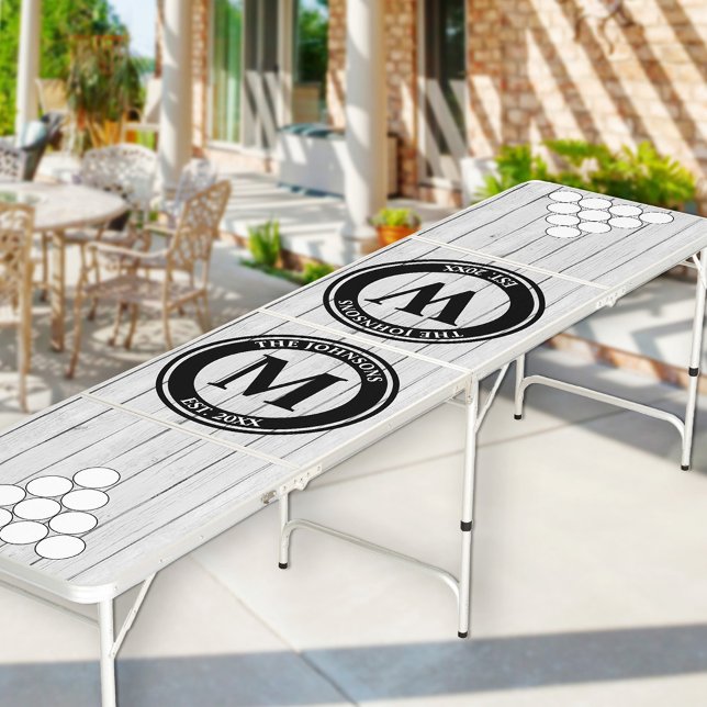 Monogrammed Circle Pyramid White Washed Wood Beer Pong Table (Personalized beer pong table with your initials and family name, group or business name)