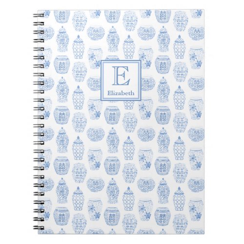 Monogrammed Classic Blue And White Ginger Jar Notebook - Elegant Blue And White Ginger Jar Repeating Pattern decorates this functional notebook. The background pattern is made from original watercolors of ginger jars (handpainted by me), that were scanned into digital form and turned into a repeating pattern.