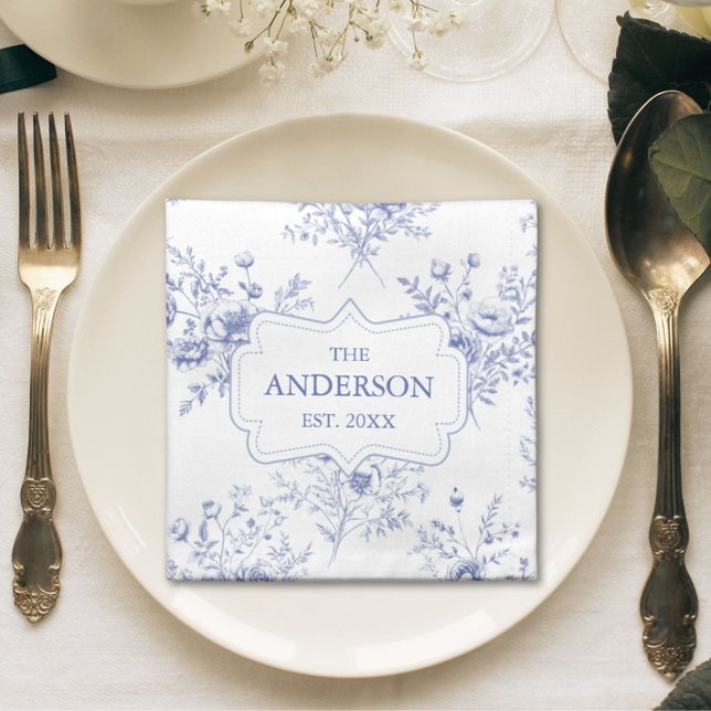 Monogrammed Classic Blue Flowers Floral Pattern Cloth Napkin (In situ)