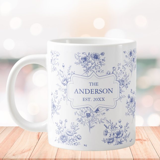 Monogrammed Classic Blue Flowers Floral Pattern Giant Coffee Mug (In situ)