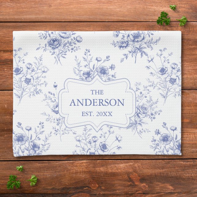 Monogrammed Classic Blue Flowers Floral Pattern Kitchen Towel (In situ)