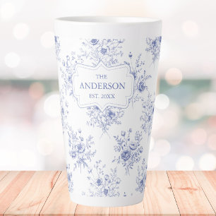 Monogrammed Classic Blue Flowers Floral Pattern Latte Mug