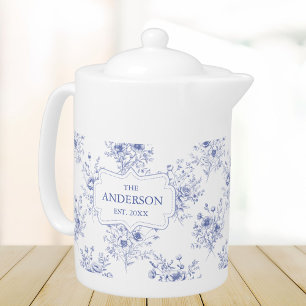 Monogrammed Classic Blue Flowers Floral Pattern Teapot