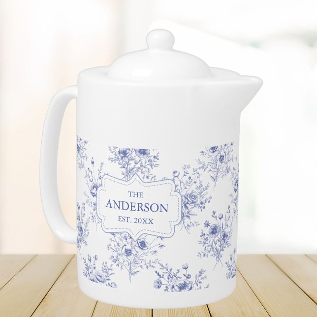 Monogrammed Classic Blue Flowers Floral Pattern Teapot (In situ)
