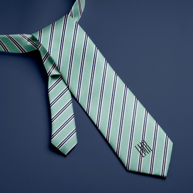 Monogrammed Classic Mint Green and Navy Stripes Neck Tie (Creator Uploaded)