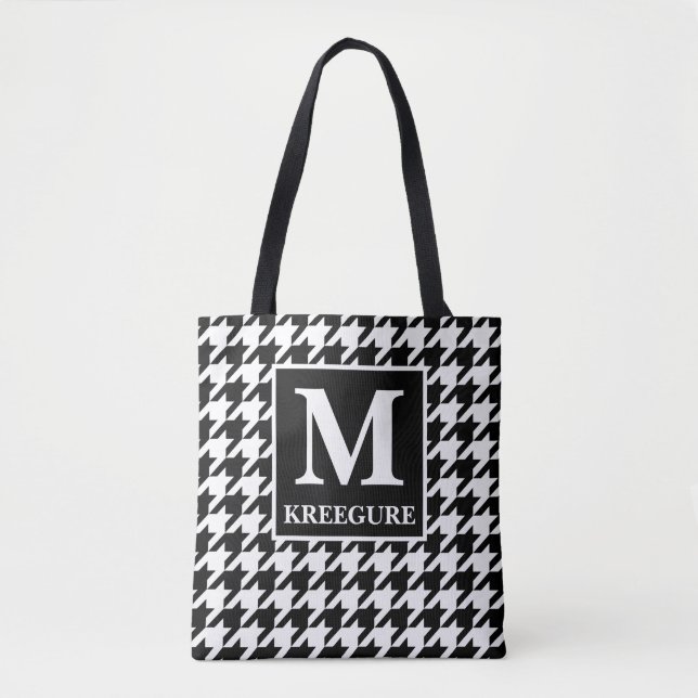 Monogrammed Classic Serif BW Houndstooth Tote Bag (Front)