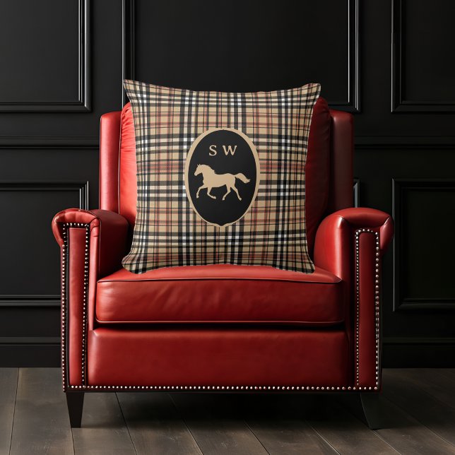 Monogrammed Classic Tartan Plaid Horse Mocha Brown Throw Pillow (Creator Uploaded)