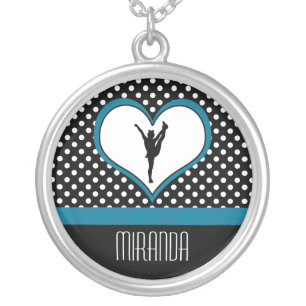Monogrammed Classic Teal Polka-Dot Cheer w/ Heart Silver Plated Necklace