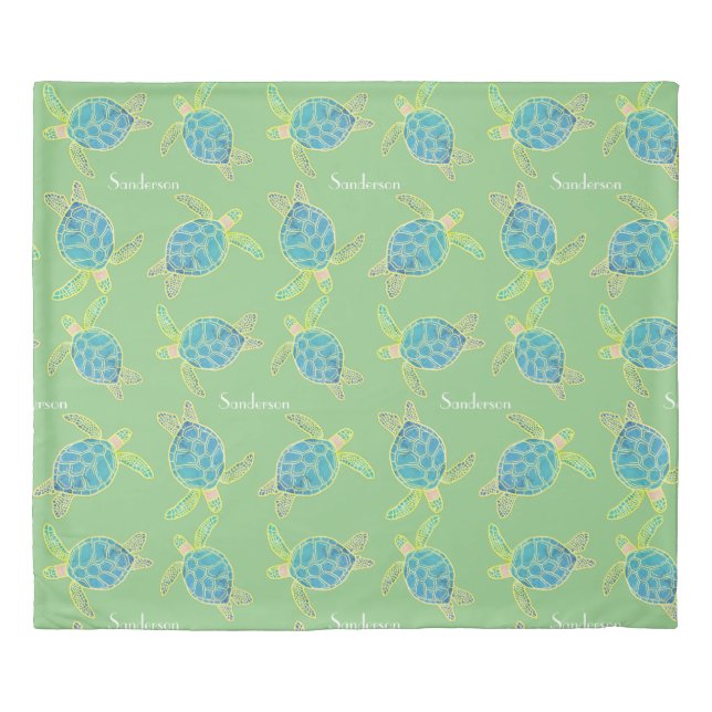 Monogrammed Coastal Sea Turtle  Blue yellow Green  Duvet Cover (Front)