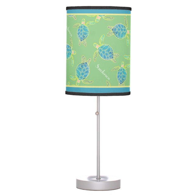 Monogrammed Coastal Sea Turtle  Blue Yellow Green  Table Lamp (Front)