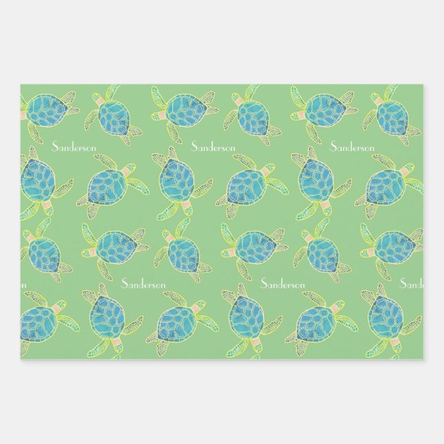 Monogrammed Coastal Sea Turtle  Blue yellow Green Wrapping Paper Sheets (Front)