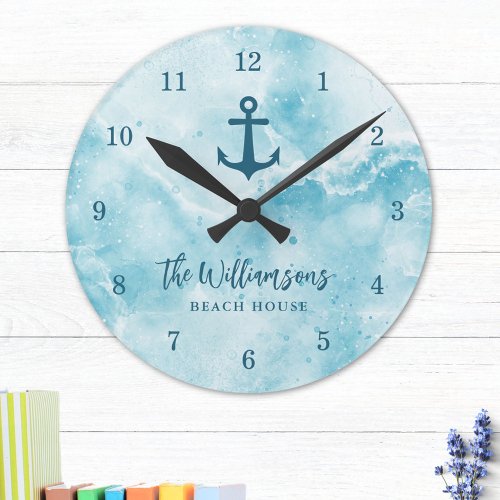 Monogrammed Coastal Teal Blue Beach House Round Clock