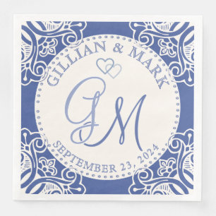 Monogrammed Cobalt & Sand Wedding Paper Dinner Napkins