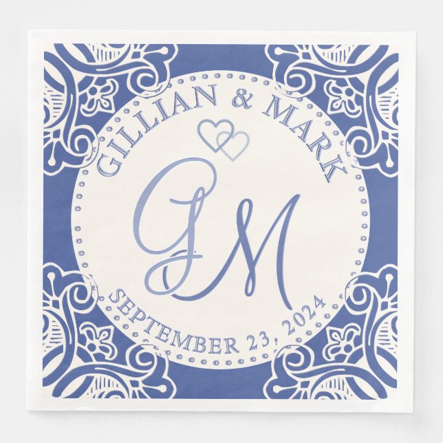 Monogrammed Cobalt & Sand Wedding  Paper Dinner Napkins (Front)