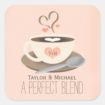 Monogrammed Coffee Cup Heart Wedding Party Favor Square Sticker by OccasionInvitations at Zazzle