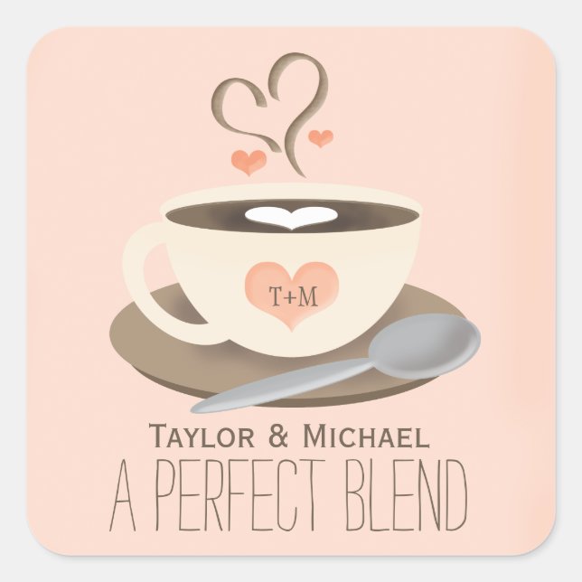 Monogrammed Coffee Cup Heart Wedding Party Favor Square Sticker (Front)