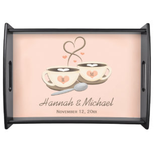 Monogrammed Coffee Cup Hearts Wedding Serving Tray