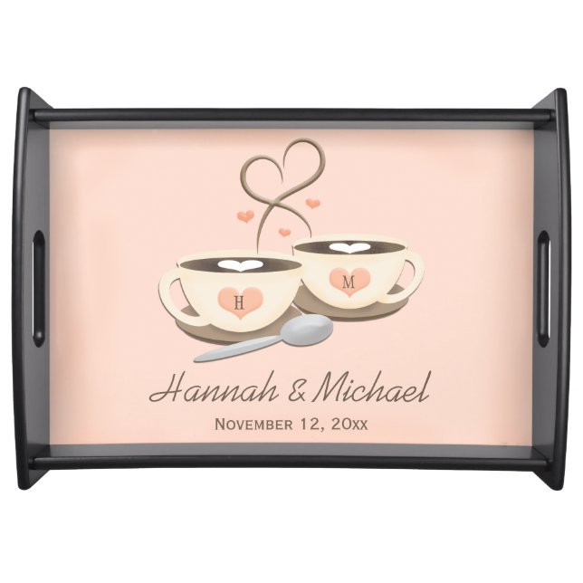 Monogrammed Coffee Cup Hearts Wedding Serving Tray (Front)