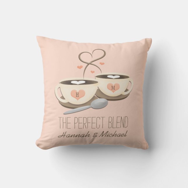 Monogrammed Coffee Cups Heart Wedding Throw Pillow (Front)