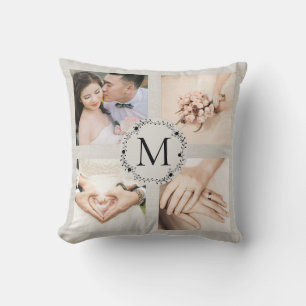 Monogrammed collage wreath with name and Est date Throw Pillow