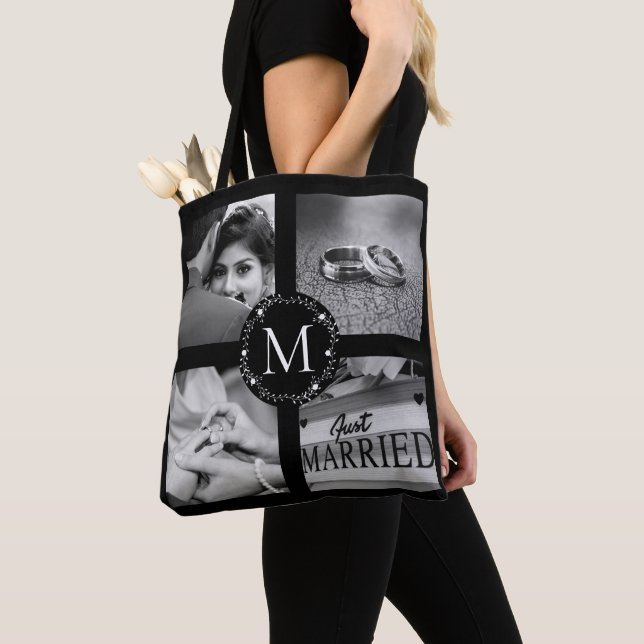 Monogrammed Collage Wreath with Name, Est date Tote Bag (Close Up)
