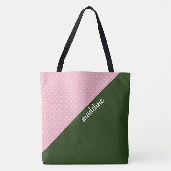 Monogrammed Color Block  Pink/green W Polka Dots Tote Bag by PicturesByDesign at Zazzle