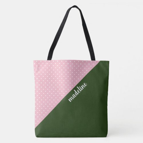 Monogrammed color block pinkgreen w polka dots tote bag
