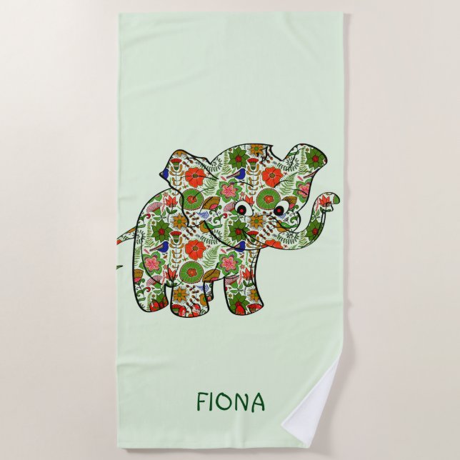 Monogrammed Colorful Baby Elephant Beach Towel (Front)
