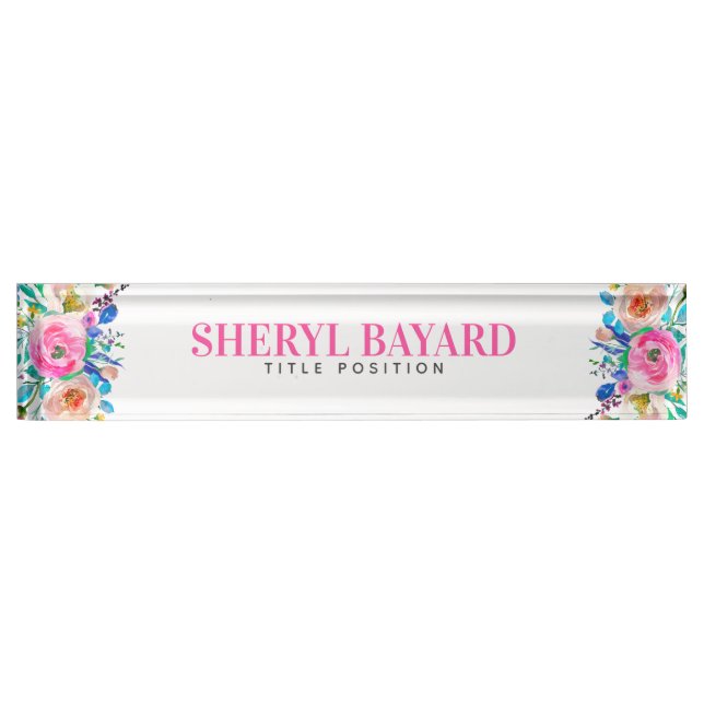 Monogrammed Colorful Blossoms Desk Name Plate (Front)