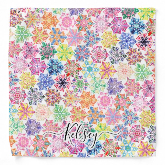Monogrammed Colorful Boho Mandala Pattern Add Name Bandana (Front)