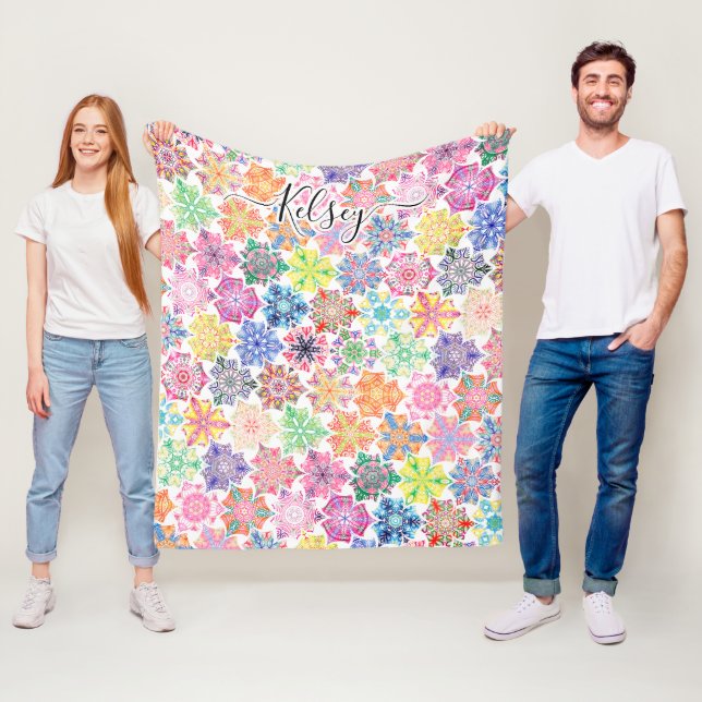 Monogrammed Colorful Boho Mandala Pattern Add Name Fleece Blanket (In Situ)