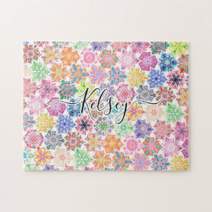 Monogrammed Colorful Boho Mandala Pattern Add Name Jigsaw Puzzle