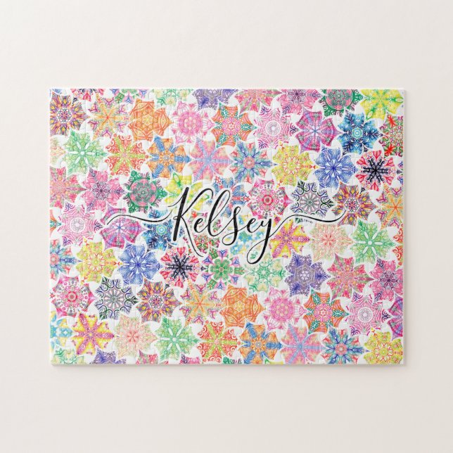 Monogrammed Colorful Boho Mandala Pattern Add Name Jigsaw Puzzle (Horizontal)