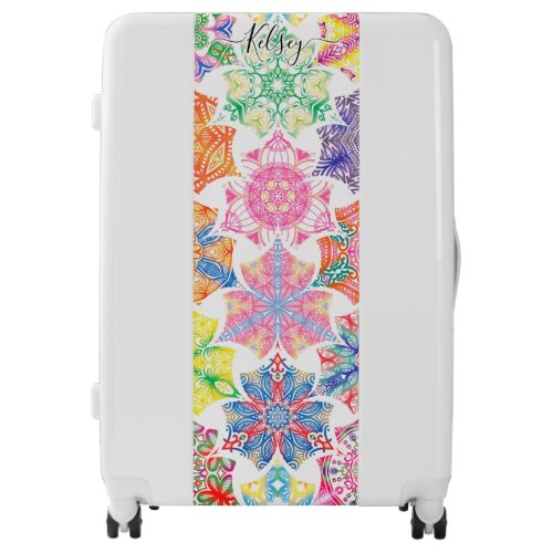 Monogrammed Colorful Boho Mandala Pattern Add Name Luggage