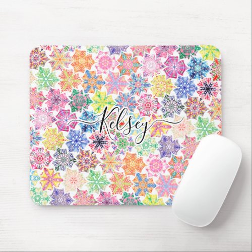 Monogrammed Colorful Boho Mandala Pattern Add Name Mouse Pad