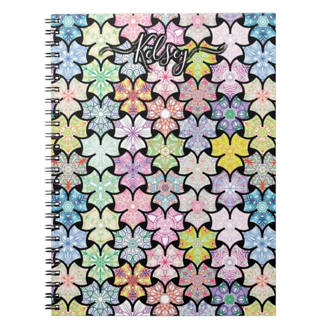 Monogrammed Colorful Boho Mandala Pattern Add Name Notebook (Front)