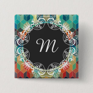 Monogrammed Colorful Cubes Geometric Pattern 2 Pinback Button