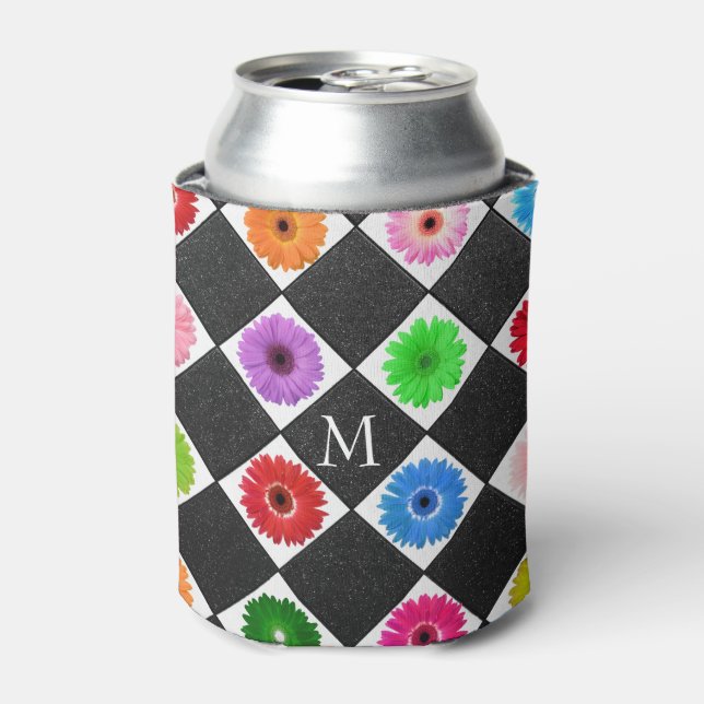 Monogrammed Colorful Daisy Pattern Can Cooler (Can Front)
