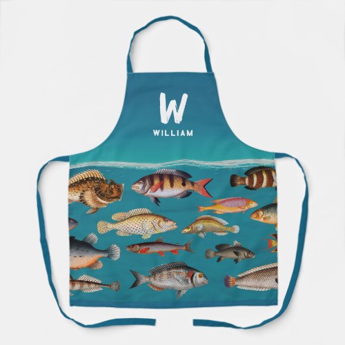 Monogrammed Colorful Fish Under Blue Ocean Apron