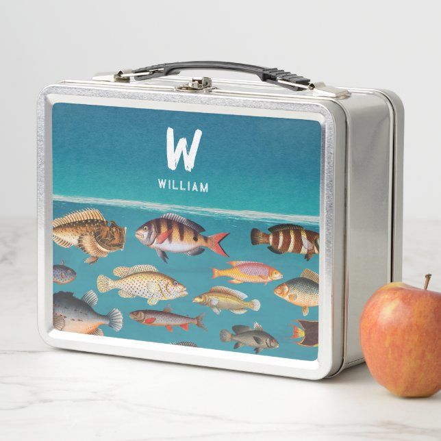 Monogrammed Colorful Fish Under Blue Ocean Metal Lunch Box (In Situ)