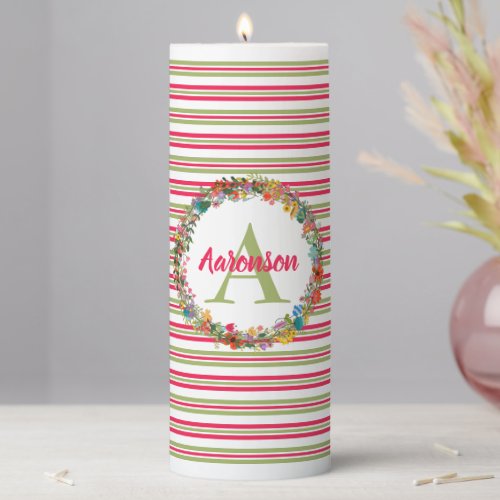 Monogrammed Colorful Floral Wreath Personalized Pillar Candle