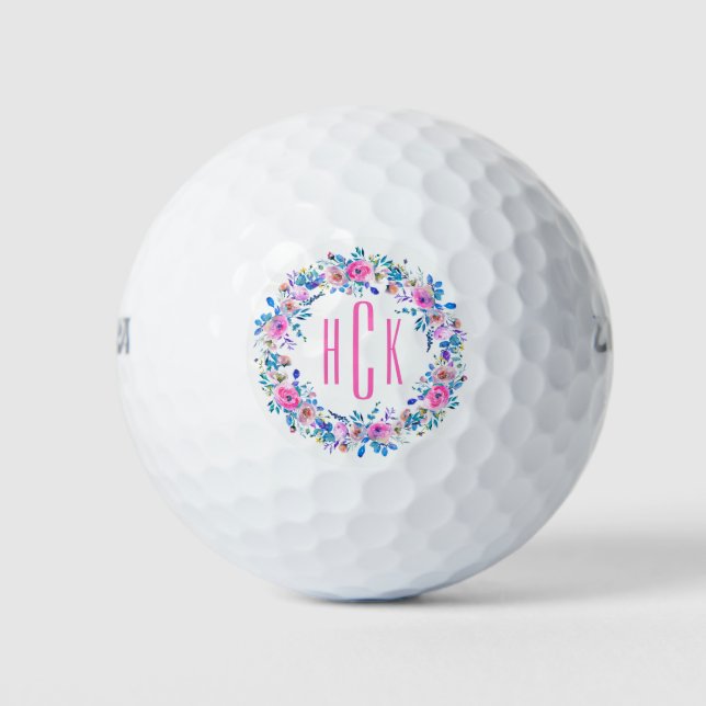 Monogrammed Colorful Flowers Wreath Wreath Design Golf Balls (Front)
