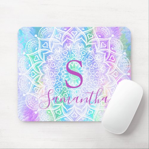 Monogrammed Colorful Girly Iridescent Holographic Mouse Pad